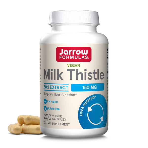 Jarrow Formulas Milk Thistle Supplement 150 mg. 30:1 Milk Thistle Extract Standardized to 80% Total Flavonoids, Dietary Supplement for Liver Function Support, 200 Veggie Capsules, Up to 200 Day Supply