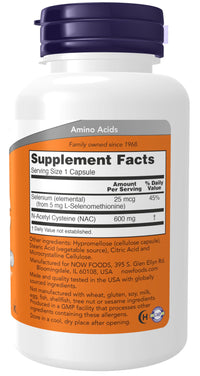 Thumbnail for NOW Supplements, NAC (N-Acetyl Cysteine) 600 mg with Selenium 100 Capsules