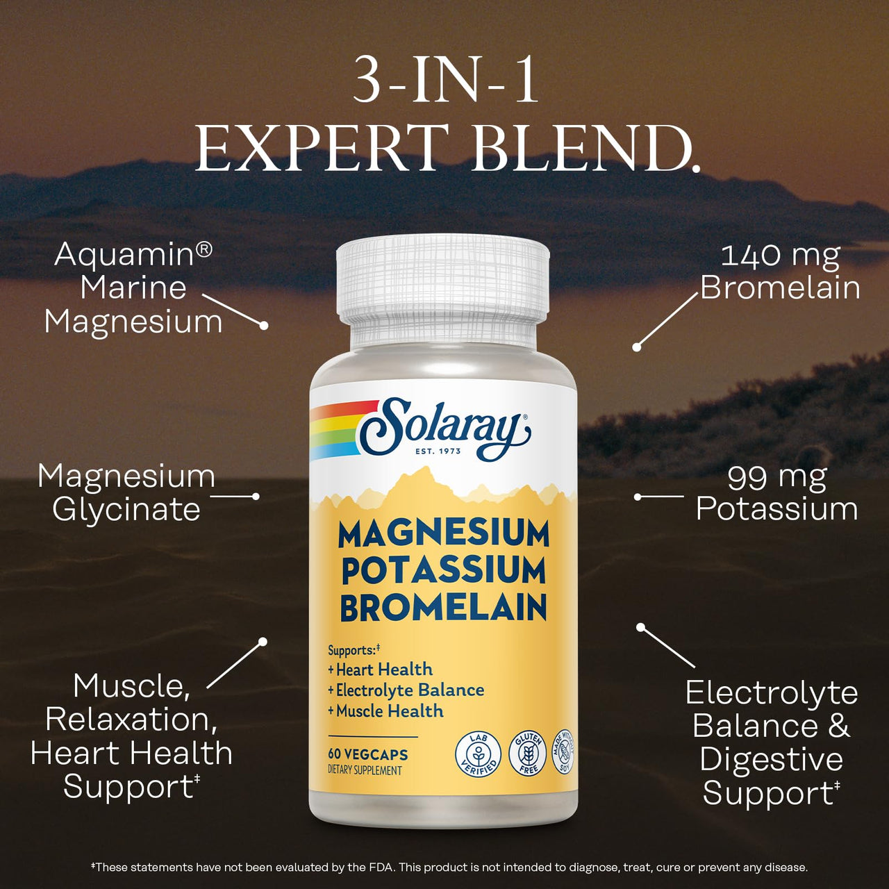 Solaray Magnesium and Potassium with Bromelain, Magnesium Potassium Supplement for Heart Health, Electrolyte, and Muscle Support - Gluten Free & Lab Verified - 30 Servings, 60 VegCaps