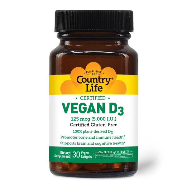 Country Life Vegan D3 5000 IU – Plant-Derived Vitamin D3 from Lichen – High Potency Immune & Bone Support – Certified Vegan, Gluten-Free, Non-GMO – 30 Softgels