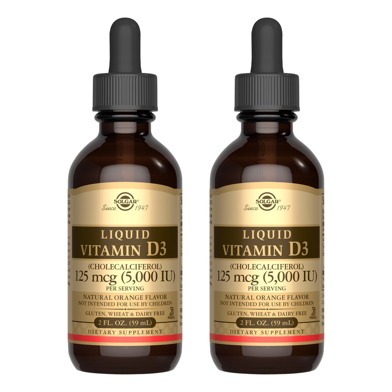 Solgar Liquid Vitamin D3 125 mcg (5,000 IU) - 2 fl oz, Pack of 2 - Natural Orange Flavor - Helps Maintain Healthy Bones & Teeth - Immune System Support - Gluten & Dairy Free - 118 Total Servings
