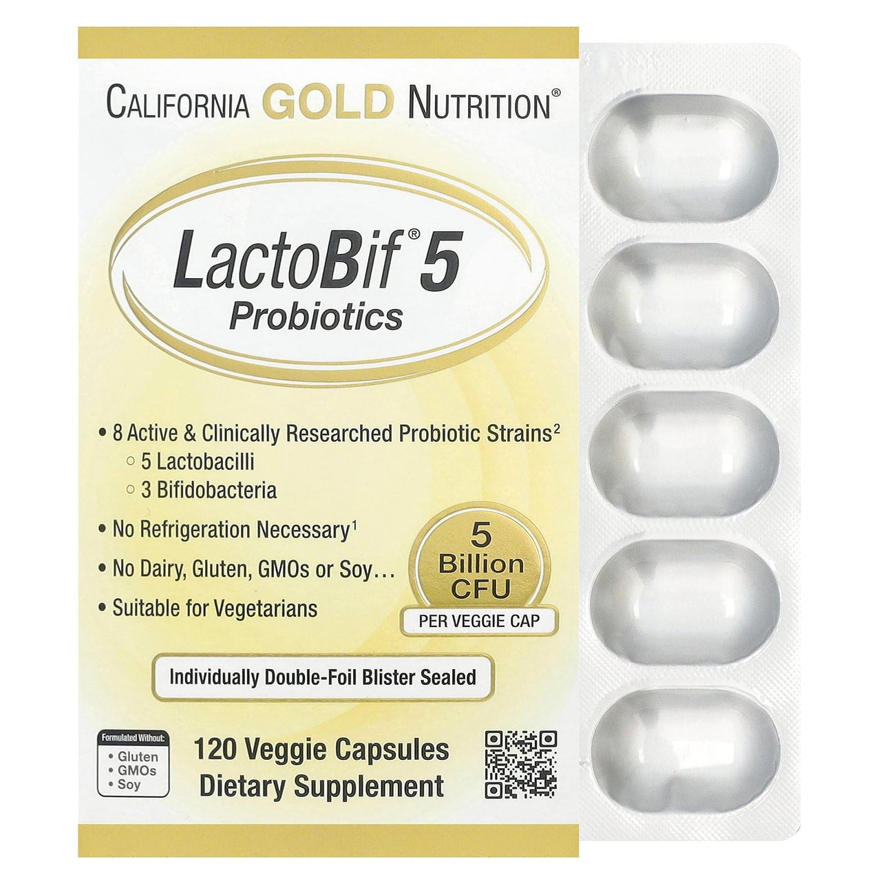 California Gold Nutrition LactoBif® 5 Probiotics, 5 Billion CFU, 120 Veggie Capsules