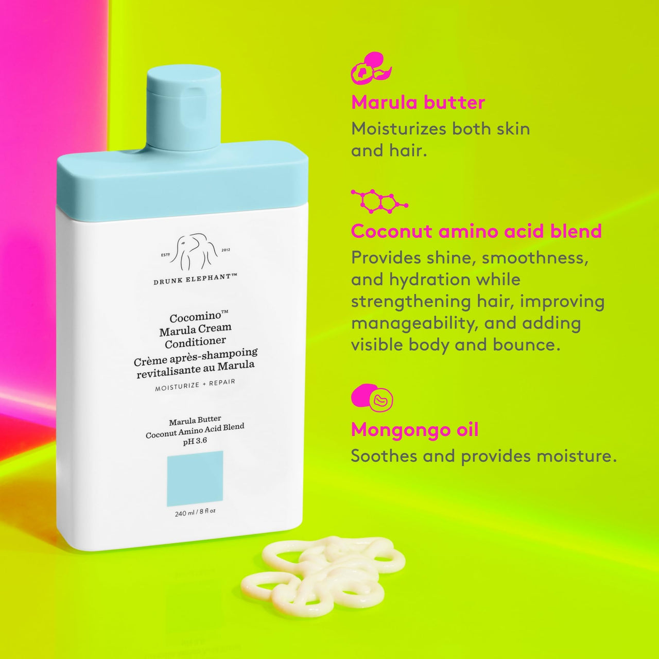 Drunk Elephant Cocomino Marula Cream Conditioner - 240 ml/8 fl oz - Coconut Amino Acids - Clean Clinical - Sulfate-Free - Cruelty-Free - Dermatologist-Tested - Free of Essential Oils, Silicones, SLS