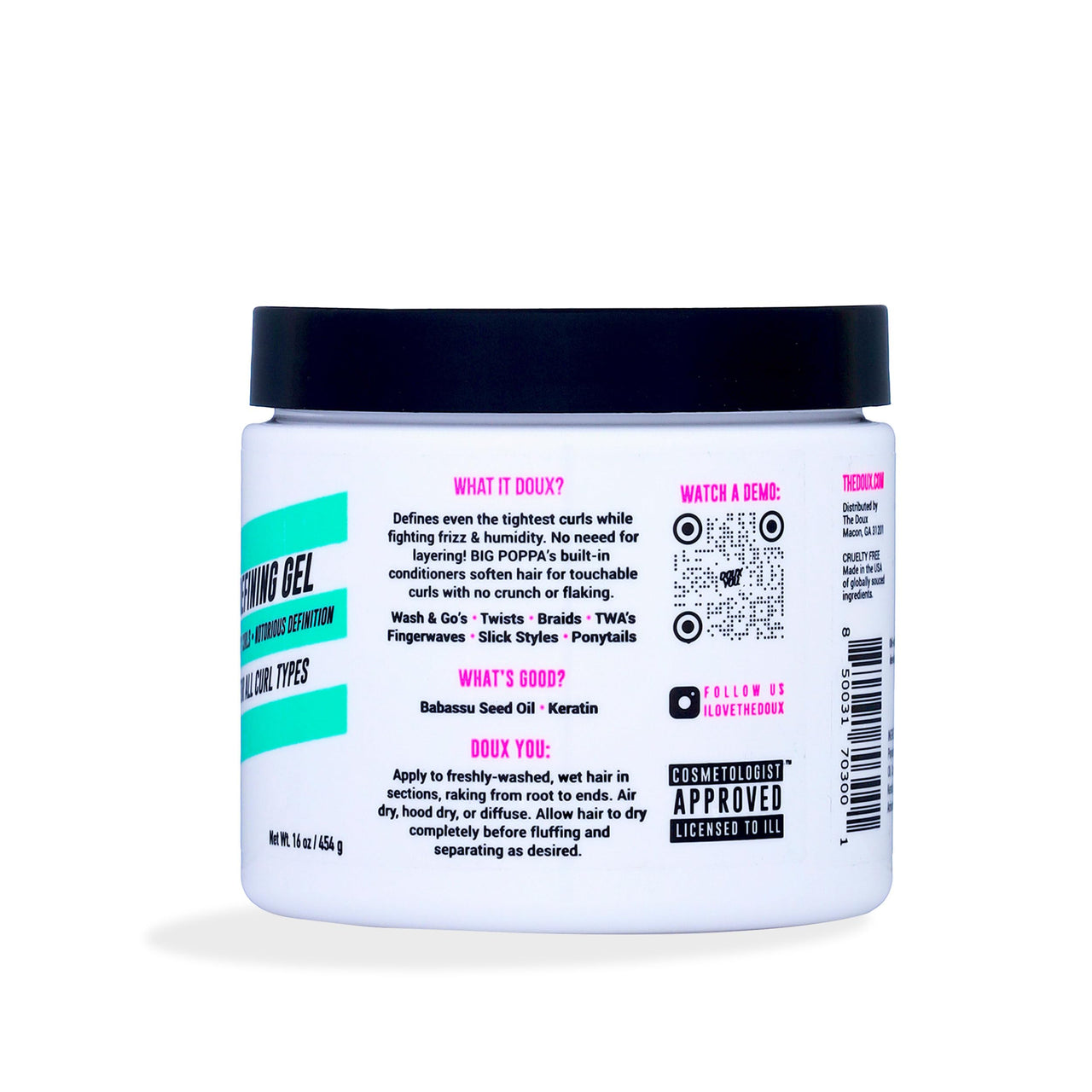 The Doux BIG POPPA Curl Defining Gel for Curly Hair – Frizz Control Styling Gel with Babassu Oil for Long-Lasting Shine & Soft Hold – Non-Crunch Hair Gel for Women, Coils, Waves & Curls