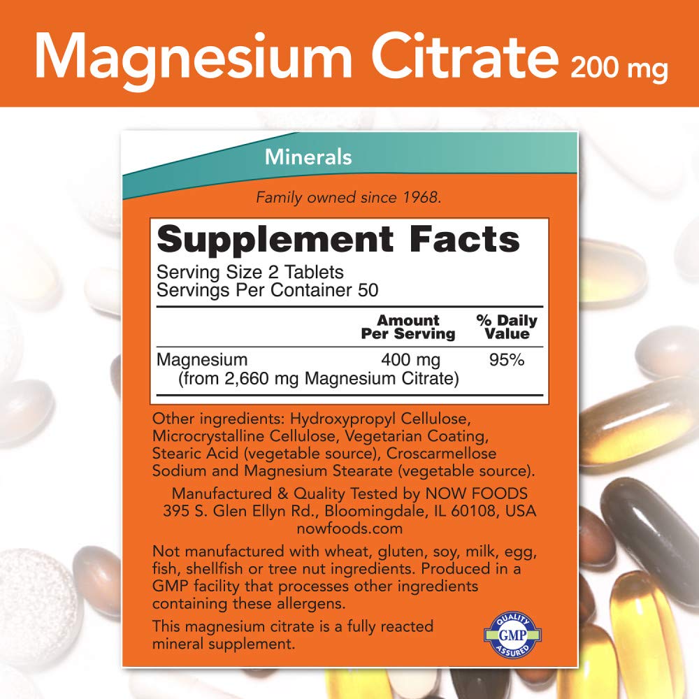 NOW Foods Magnesium Citrate 200 mg Tabs, 100 Count (Pack of 1)