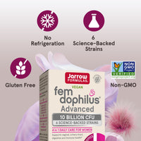 Thumbnail for Jarrow Formulas Fem-Dophilus Advanced Vaginal & Digestive Probiotics 10 Billion CFU with 6 Science Backed Strains, for Vaginal, Urinary Tract, Digestive & Immune Support, 30 Capsules, Shelf-Stable
