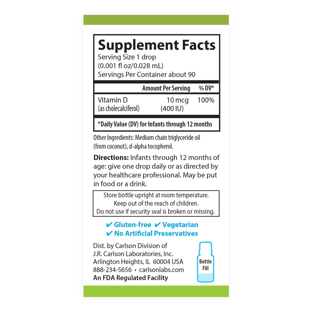 Carlson - Baby's Plant-Based Super Daily D3, Baby Vegetarian Liquid Vitamin D Drops, 400 IU (10 mcg) per Drop, Sourced from Algae, for Infants and Toddlers, Unflavored, 90 Drops (2.54 mL)