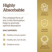 Thumbnail for Solgar Chelated Zinc, 100 Tablets - Zinc for Healthy Skin - Supports Cell Growth & DNA Formation - Exerts Antioxidant Activity - Supports A Healthy Immune System - Non GMO, Gluten Free - 100 Servings