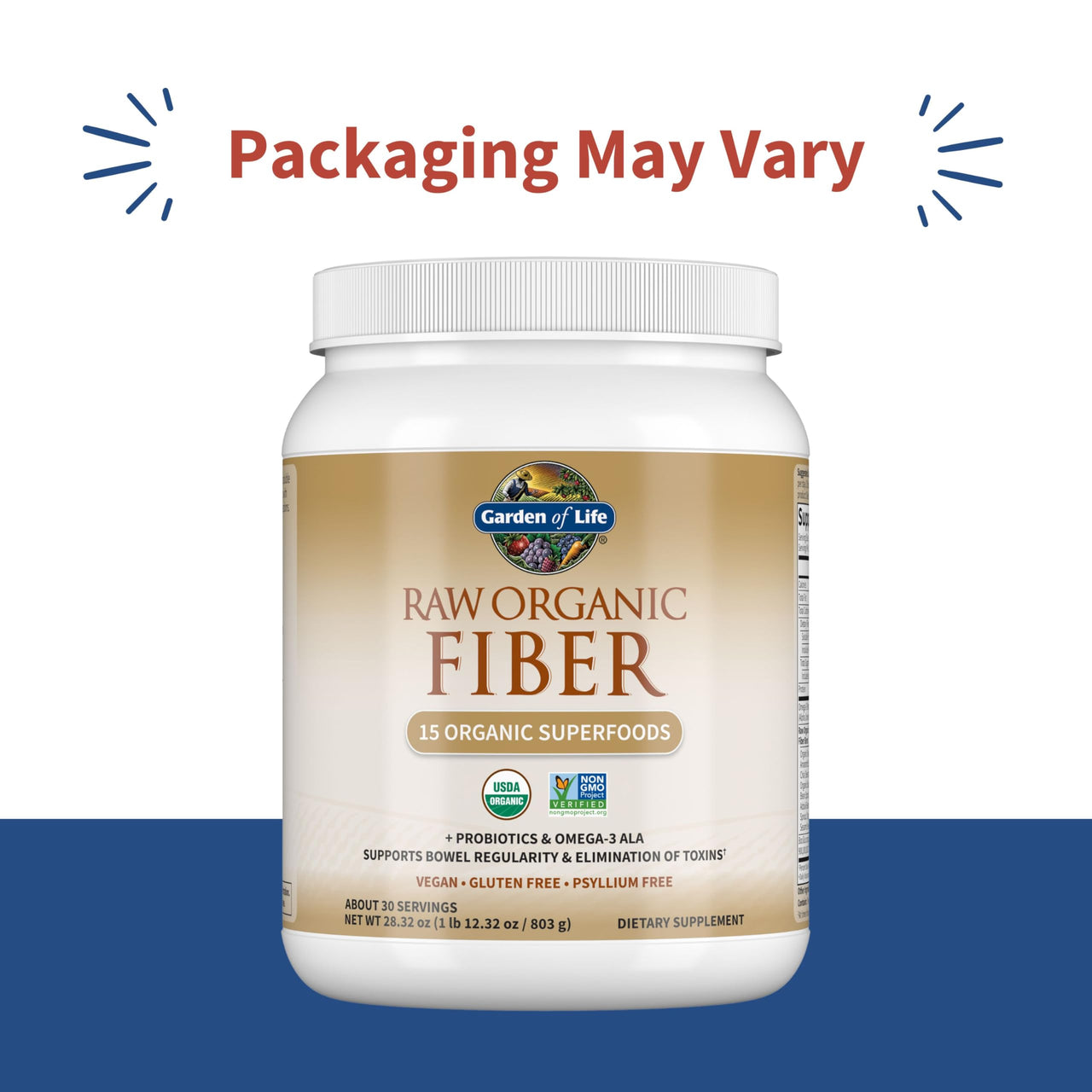 Garden of Life Raw Fiber, Organic Unflavored Fiber Powder with 15 Organic Superfoods, Probiotics, Omega-3 ALA, Soluble and Insoluble, Psyllium Husk Free, 30 Servings