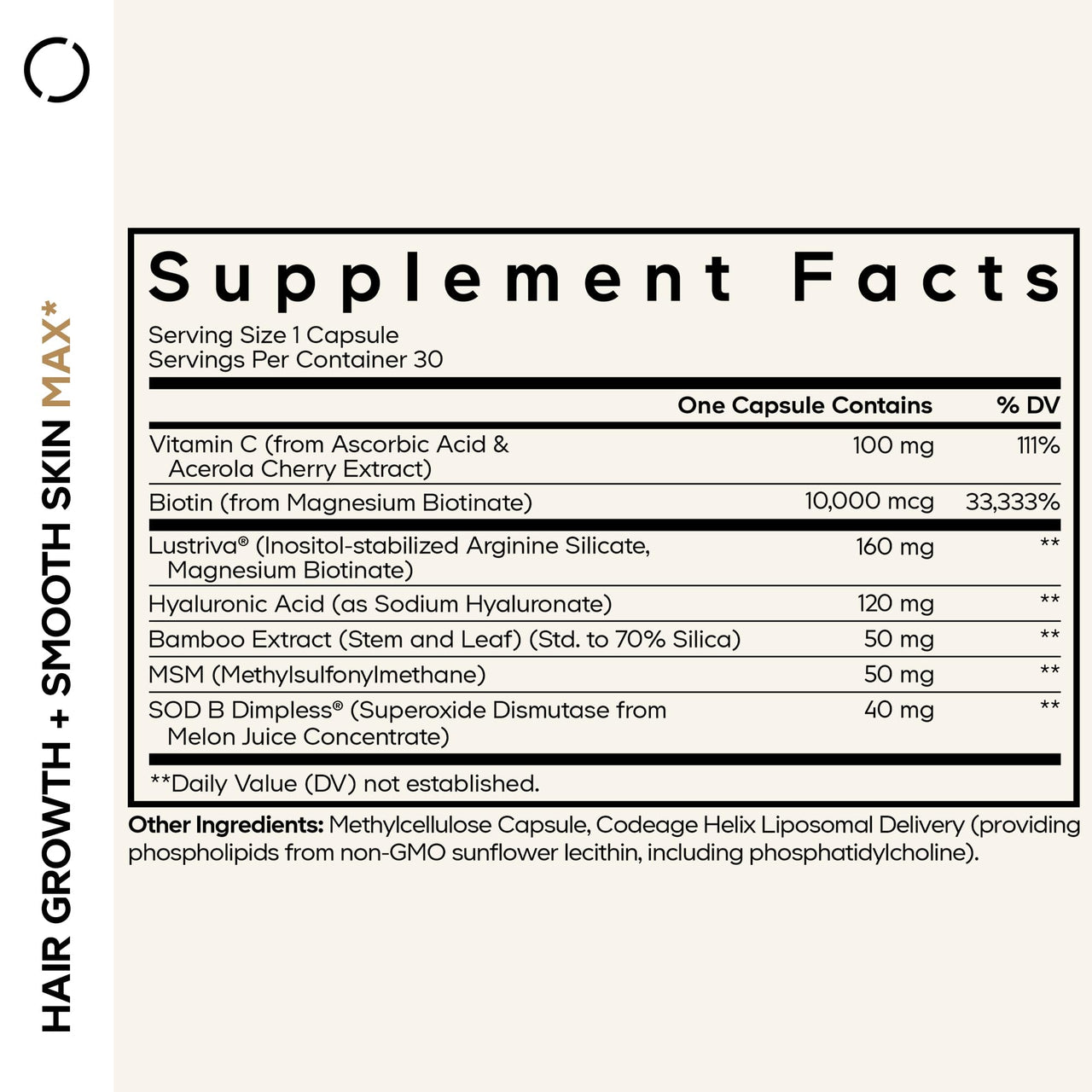 Codeage Hair Growth + Smooth Skin Max Vitamins Supplement - Patented Lustriva & SOD B Dimpless Superoxide Dismutase - Hair Growth Health Skin Cellulite Support - Biotin, Vitamin C, MSM - 30 Capsules