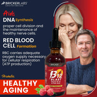 Thumbnail for Bricker Labs B-12 Blast Liquid Vitamin B12 and Folic Acid Supplement, Support Energy Production, Great Tasting Liquid Vitamin B12 Dietary Supplement in Natural Raspberry Flavor, 2 fl oz Bottle