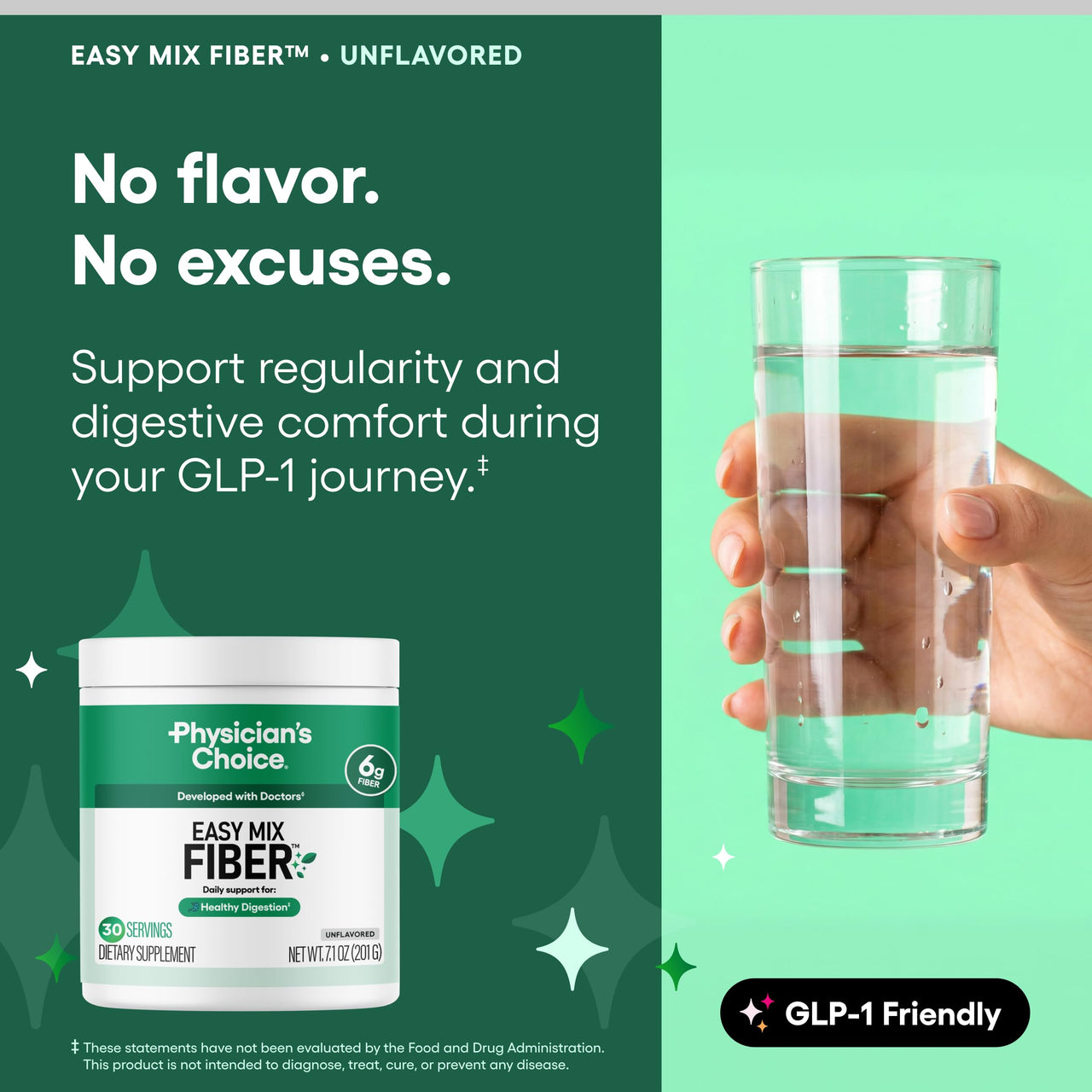 Physician's CHOICE Easy Mix Fiber for Digestive Health & Regularity - No Grit, Sugar Free, & Tasteless - Daily Prebiotic Soluble Fiber Powder Supplement for Women and Men - Unflavored - 7.1oz