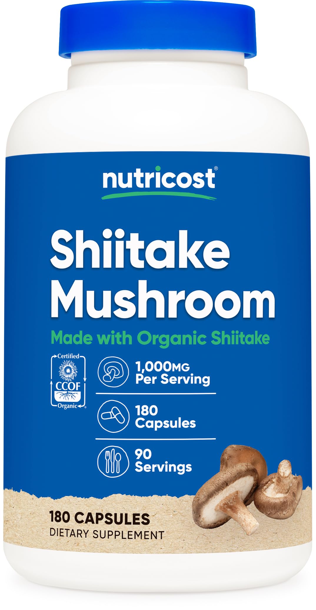 Nutricost Organic Shiitake Mushroom Capsules 1000mg, 90 Servings - CCOF Certified Made with Organic, Vegetarian, Gluten Free, 500mg Per Capsule, 180 Capsules