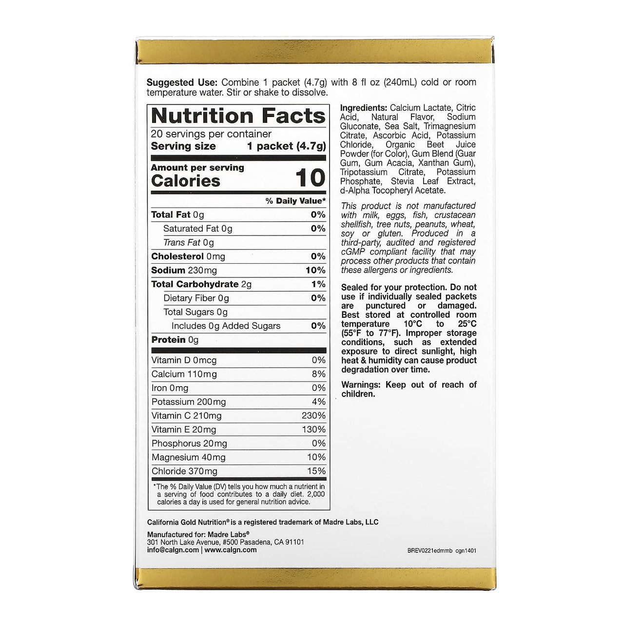 California Gold Nutrition HydrationUP, Electrolyte Drink Mix, Mixed Berry, 20 Packets, 0.17 oz (4.7 g) Each
