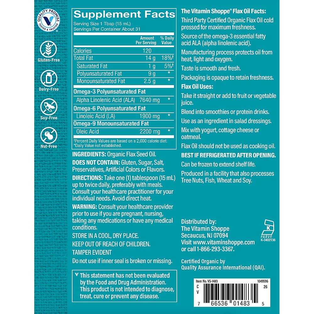 The Vitamin Shoppe Certified Organic Flax Seed Oil, Essential Fatty Acids That Supports Cardiovascular & Immune Health, High Source of Omega-3s with 7.6g of ALA per Serving (16 Fluid Ounces Liquid)