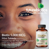 Thumbnail for Futurebiotics Biotin 5000 MCG Supports Healthy Hair, Skin, Nails & Energy Production Non-GMO, 360 Vegetarian Tablets (1 Year Supply)