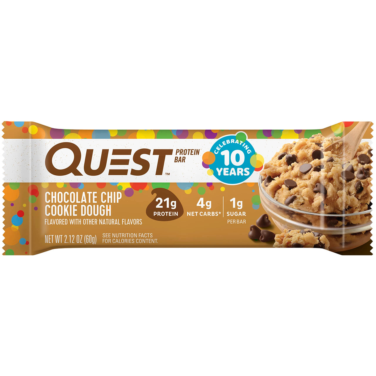 Quest Nutrition Chocolate Chip Cookie Dough - High Protein, Low Carb, Gluten Free, Keto Friendly, 2.12 Oz , 4 Count (Pack of 5)
