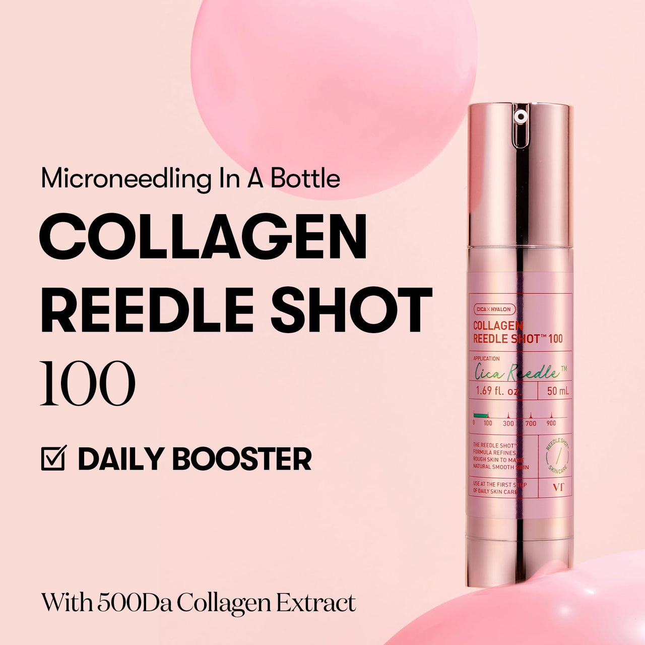 VT COSMETICS Collagen Reedle Shot 100, Collagen Microneedling Serum, Firming & Elasticity, 500Da Collagen Extract, Soft & Glass Skin, Pink Collagen Serum, Korean Skin Booster 1.69Fl Oz(50ml)