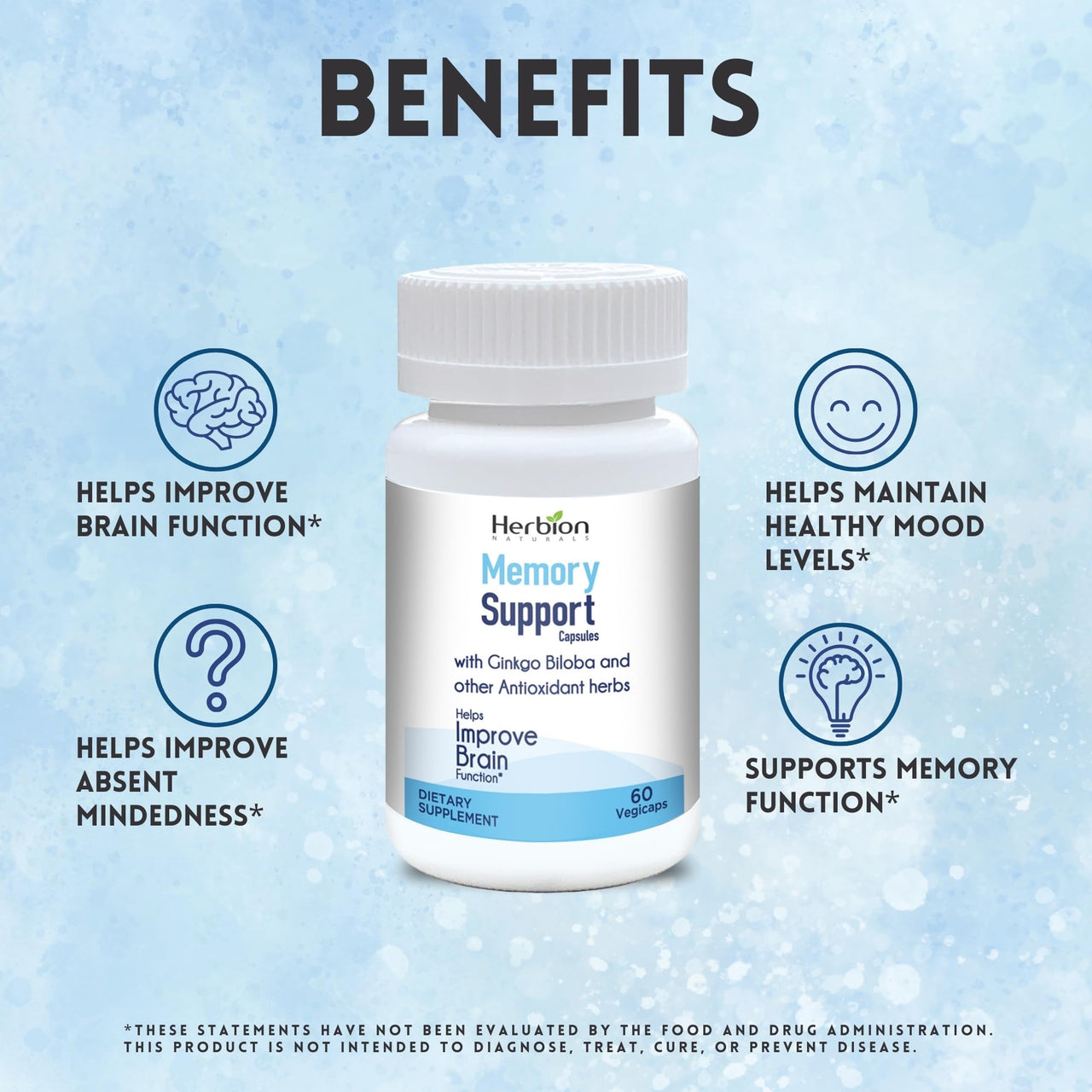 HERBION Naturals Memory Support Capsules, Helps Improve Brain Function & Absent Mindedness, Maintains Healthy Mood Levels with Ginkgo Biloba, for Adults, 60 Count, Pack of 1