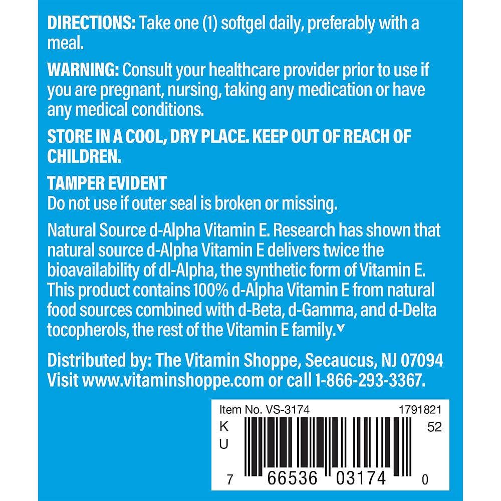 The Vitamin Shoppe Vitamin E 1,000IU - Antioxidant Support for Skin Health & Immune Function, Daily Vitamin (120 Softgels)