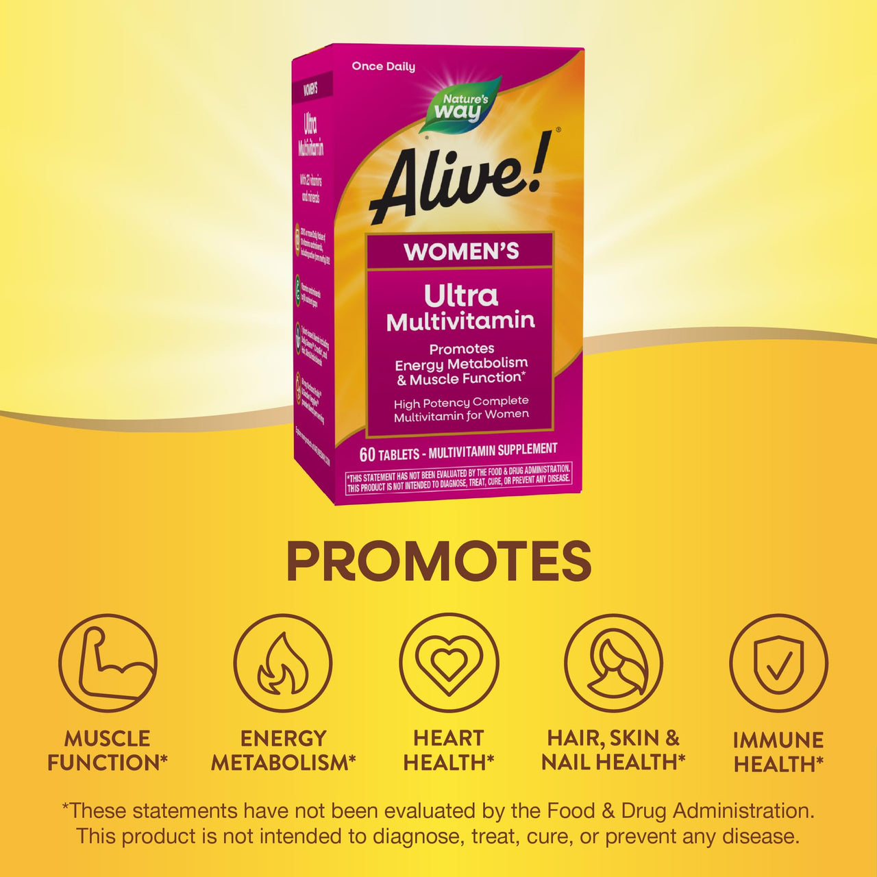 Nature's Way Alive! Women's Daily Ultra Multivitamin, High Potency Formula, Promotes Energy Metabolism and Muscle Function*, with Methylated B12, 60 Tablets (Packaging May Vary)
