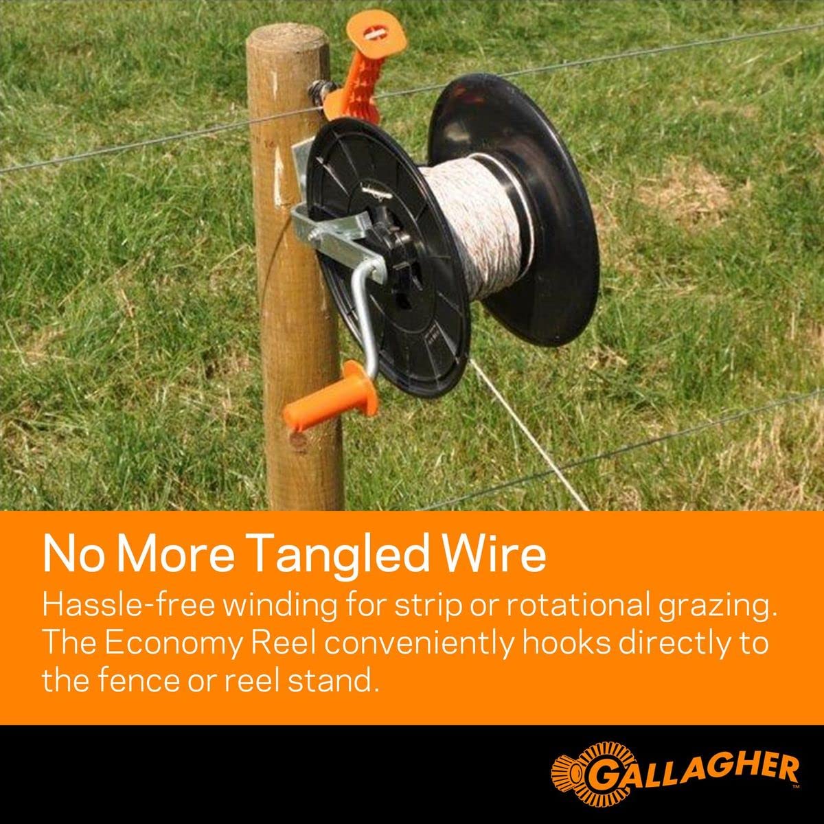 Gallagher Economy Electric Fence Reel | Holds 1640' Poly Wire and 656' of 0.5" Tape | Zinc Coated Frame | Positive Locking Ratchet Mechanism | UV Stabilized