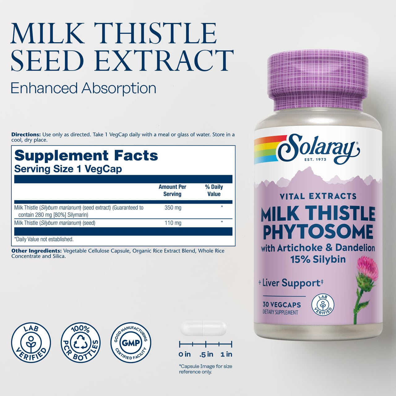 SOLARAY Milk Thistle Phytosome with Artichoke, Dandelion, and Ginger - Milk Thistle Extract Supplying 15% Silybin - Liver Supplement - 60-Day Guarantee, Lab Verified - 30 Servings, 30 VegCaps