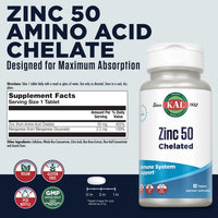 Thumbnail for KAL Zinc 50mg Amino Acid Chelate, Immune Support Supplement, Healthy Metabolism and Immune System Formula, Enhanced Absorption, Vegan, Gluten Free, 60-Day Money Back Guarantee, 90 Servings, 90 Tablets