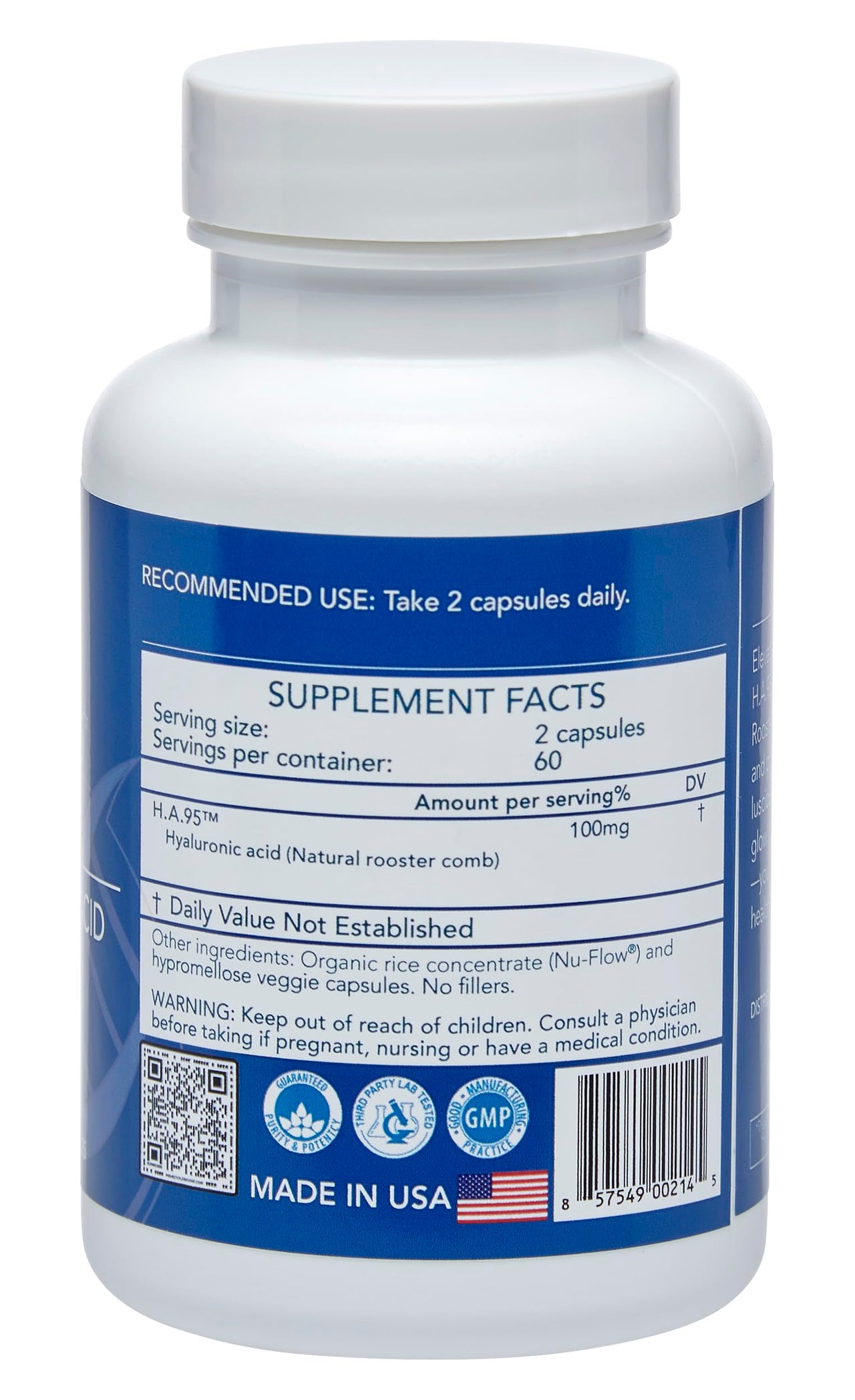 Longevity by Nature H.A.95 Hyaluronic Acid Supplements, Antioxidant, Skin Hydration, Eye, Joint, Natural Rooster Comb, 60 Capsules