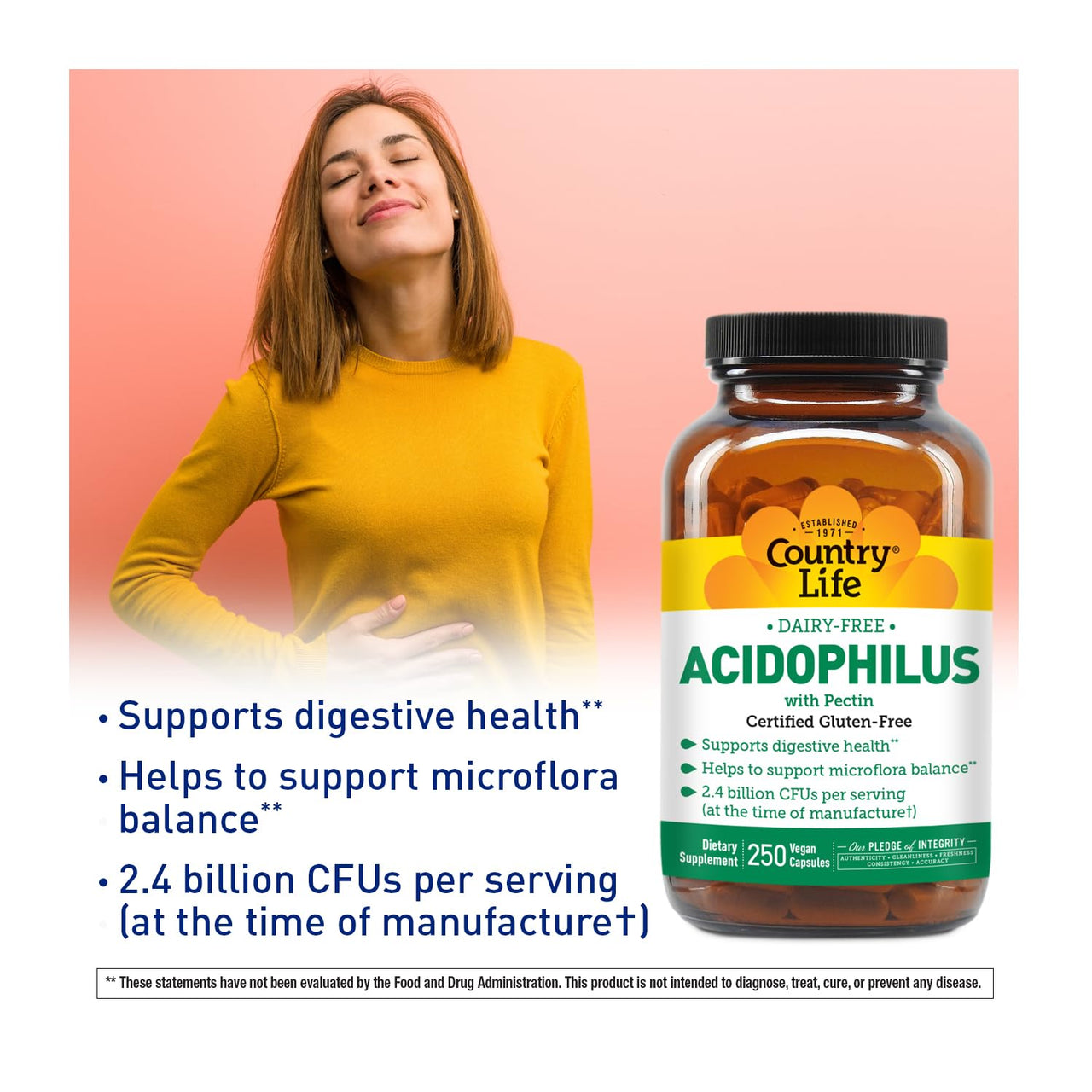 Country Life Acidophilus Probiotic Supplement for Women & Men - Free from Common Allergens - 2.4 Billion CFUs to Support Digestive Health - Dairy-Free, Non-GMO, 250 Vegan Capsules