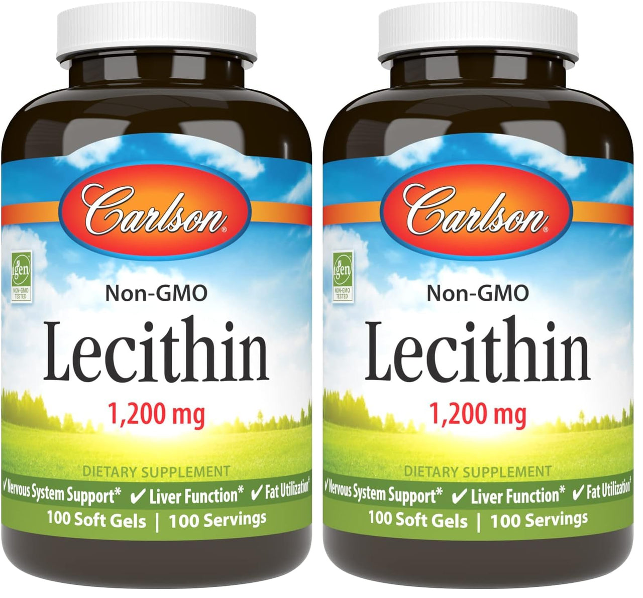 Carlson - Lecithin, Non-GMO, 1200 mg, Nervous System & Liver Function, Unbleached Soy Lecithin, 100 Softgels (Pack of 2)