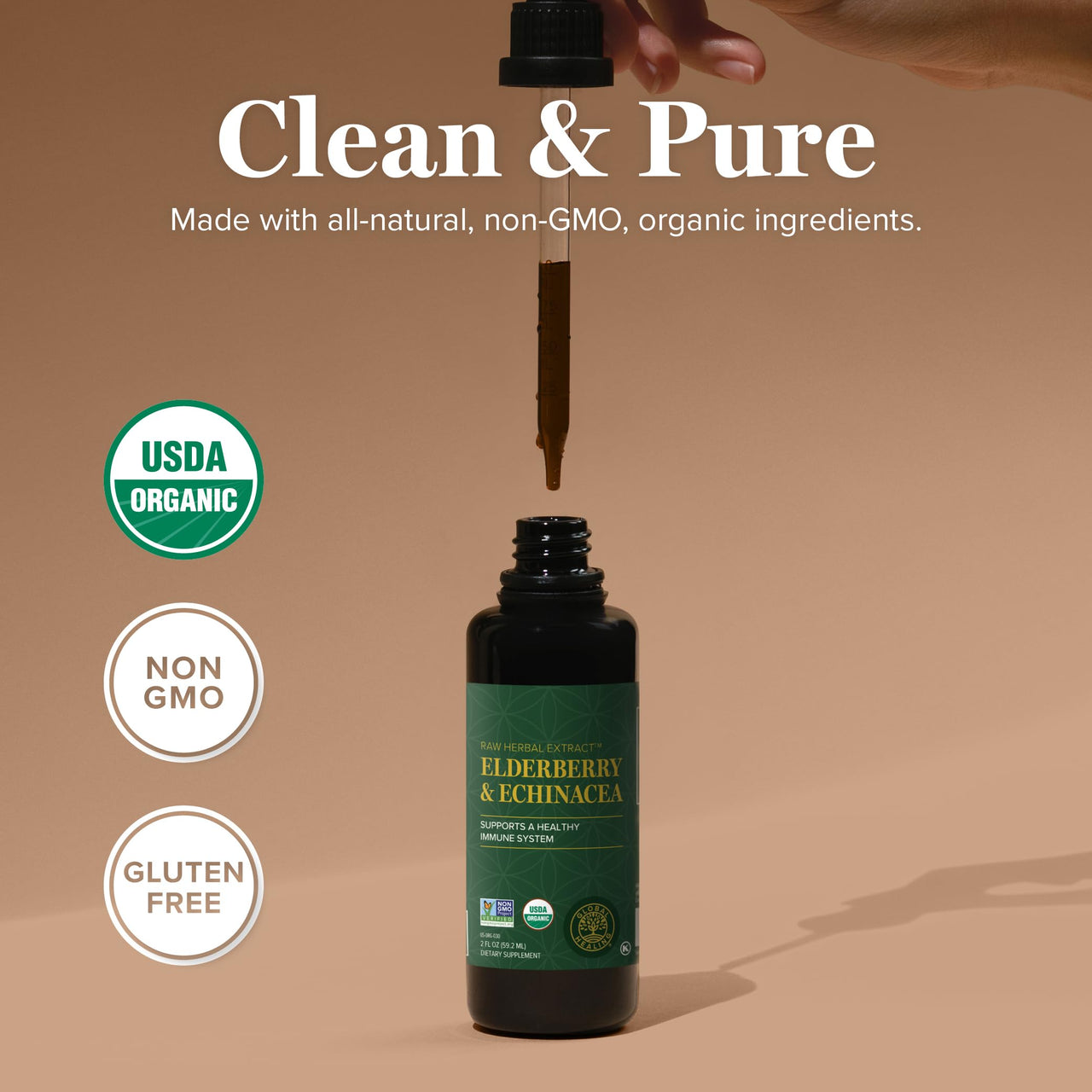 Global Healing USDA Organic Elderberry & Echinacea Liquid Supplement Tincture | Antioxidant Immune Support Against Harmful Organisms for Adults and Kids, Vegan, Non-GMO, 1-Month Supply (2 Oz)