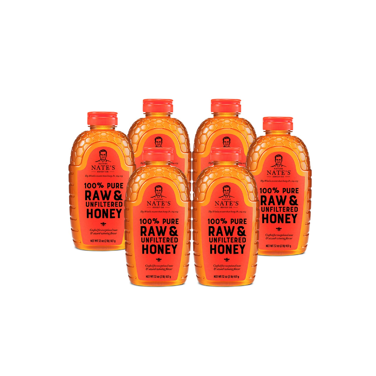 Nate's 100% Pure, Raw & Unfiltered Honey - Award-Winning Taste, 32oz. Squeeze Bottle (6 Pack)