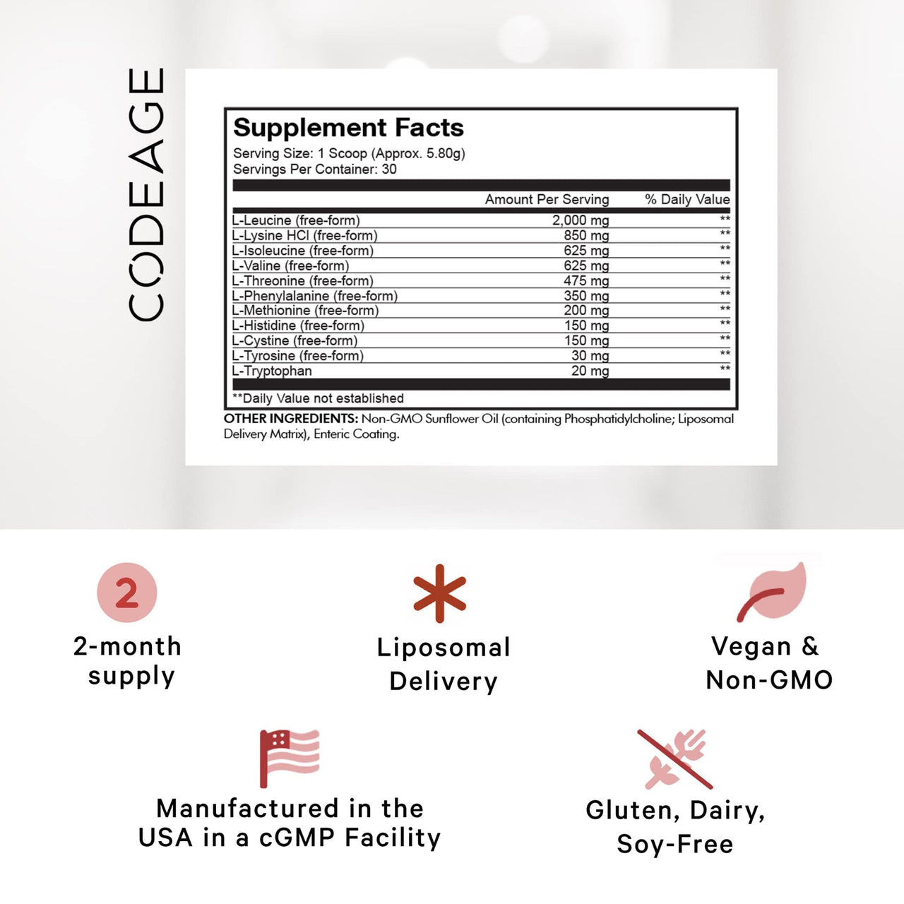 Codeage Liposomal Multi Amino Powder Supplement - BCAA & EAA Supplement All 9 Essential Amino Acids, Branched-Chain Amino Acid, Pre & Post Workout, Unflavored, Liposomal Delivery, Non-GMO, 6.15 oz