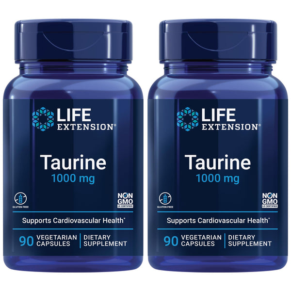 Life Extension Taurine, Pure Taurine Amino Acid Supplement, Heart, Liver and Brain Health, Longevity, Muscle and Exercise, 1000 mg dose, Non-GMO, Gluten-Free - Two Pack - 90 Vegetarian Capsules x 2