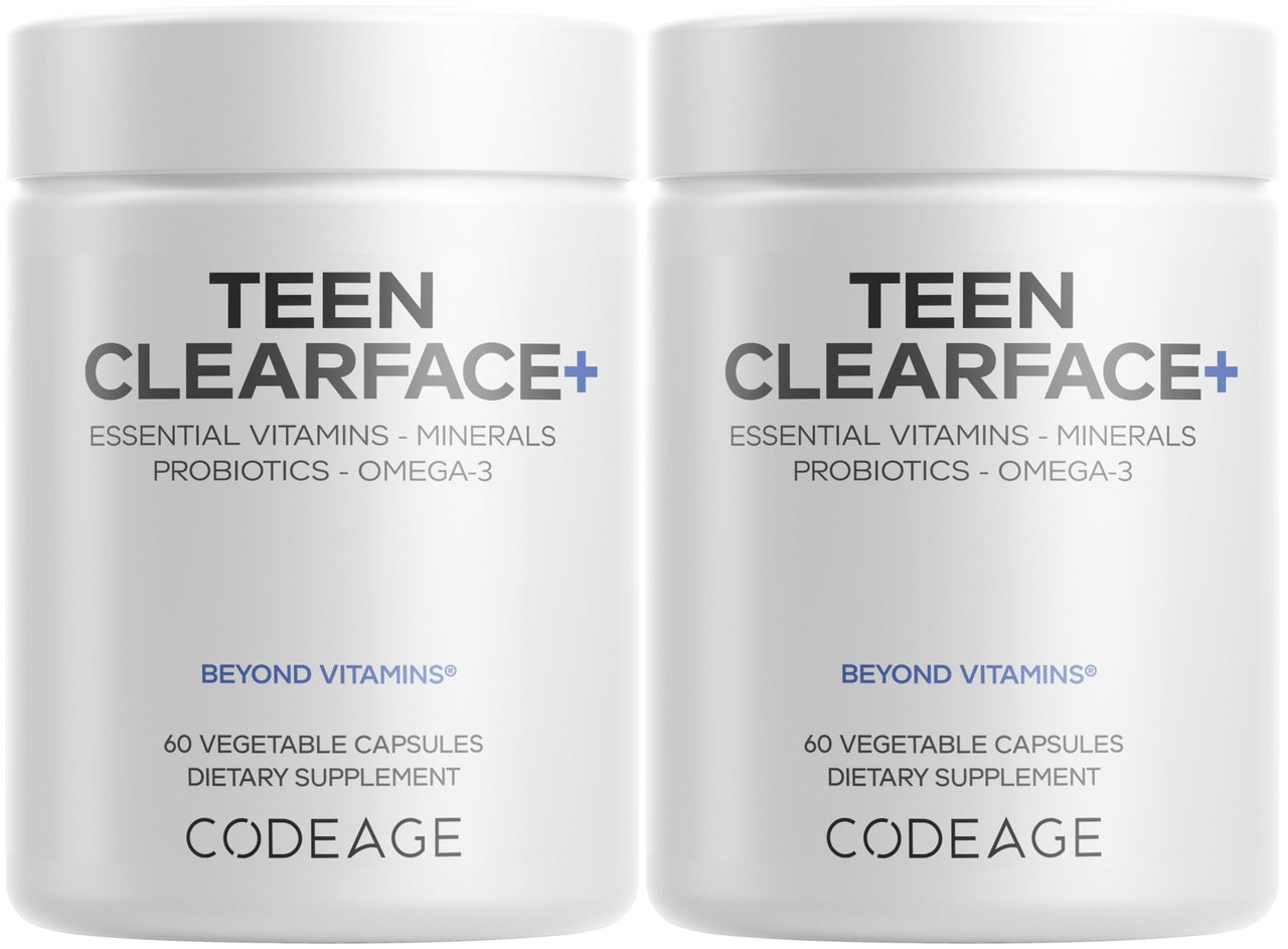 Codeage Teen Clearface Adolescent Face, Skin & Pimples, Vitamins A, C, D3, E, Pantothenic Acid, Niacin, Zinc Supplement Teenagers, Probiotics, L-Lysine, Omega-3, Oily Skin, Pores, Spots - 2 Pack