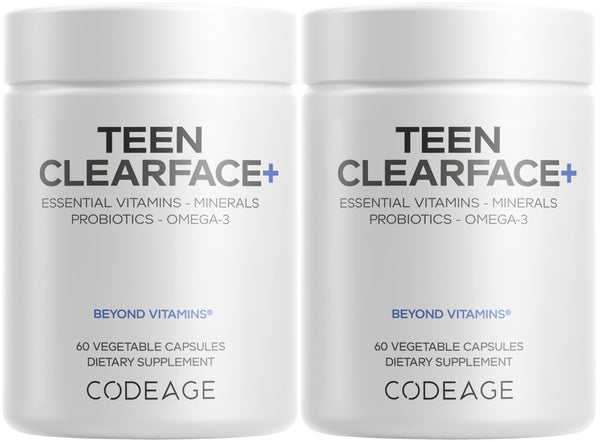 Codeage Teen Clearface Adolescent Face, Skin & Pimples, Vitamins A, C, D3, E, Pantothenic Acid, Niacin, Zinc Supplement Teenagers, Probiotics, L-Lysine, Omega-3, Oily Skin, Pores, Spots - 2 Pack