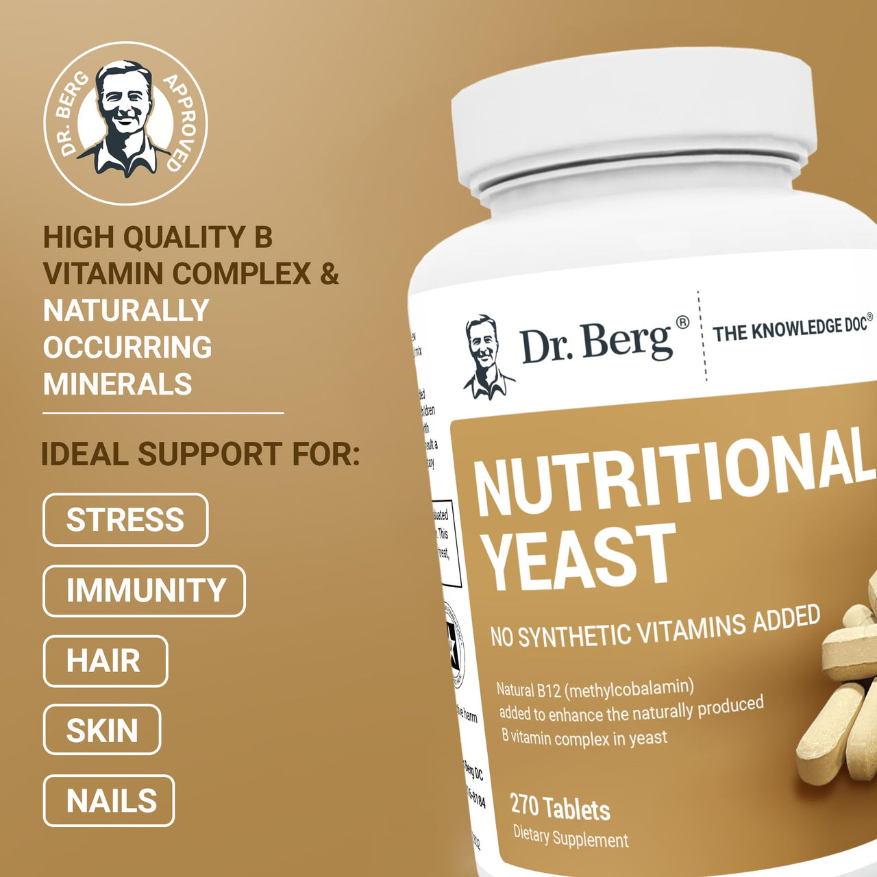 Dr. Berg Nutritional Yeast Tablets – Natural B12 Added - All 8 B Vitamin Complex – Organic Vanilla Flavor - 270 Vegan Tablets Dietary Supplements