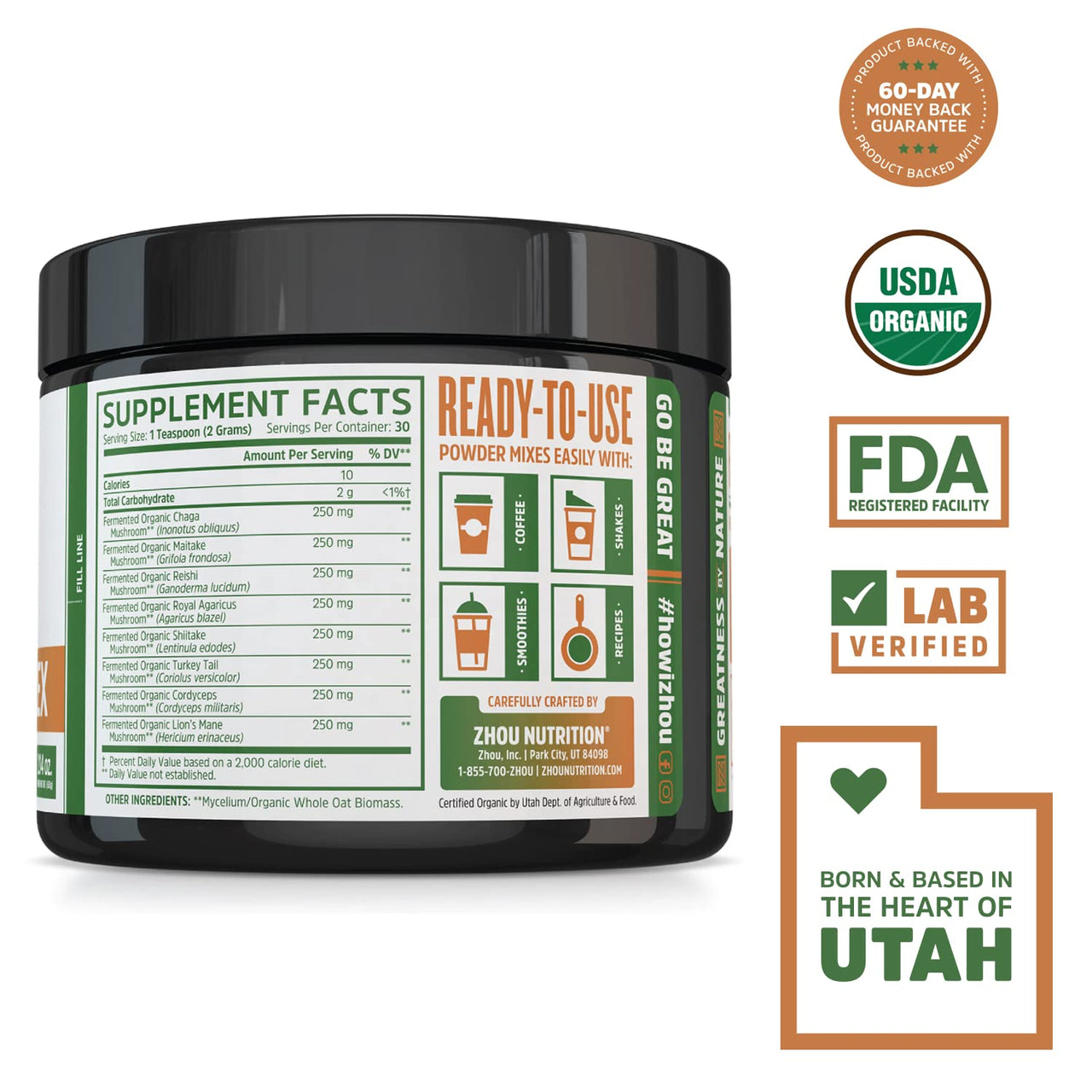 ZHOU Mushroom 8-Plex - Mushroom Supplement, Powder Blend, Coffee Alternative for Adults, Nootropic Complex for Health with Chaga, Lions Mane, Reishi & Turkey Tail - 2.14oz (30 Servings)