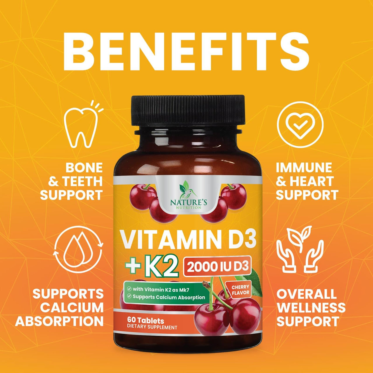 Vitamin D3 2000 IU 50mcg Per Serving - Vitamins D & K2 (MK7) Complex Supplement for Bone, Teeth, Muscle, Calcium Absorption, Supports Immune & Heart Health, Chewable Formula USA Bottled - 60 Tablets
