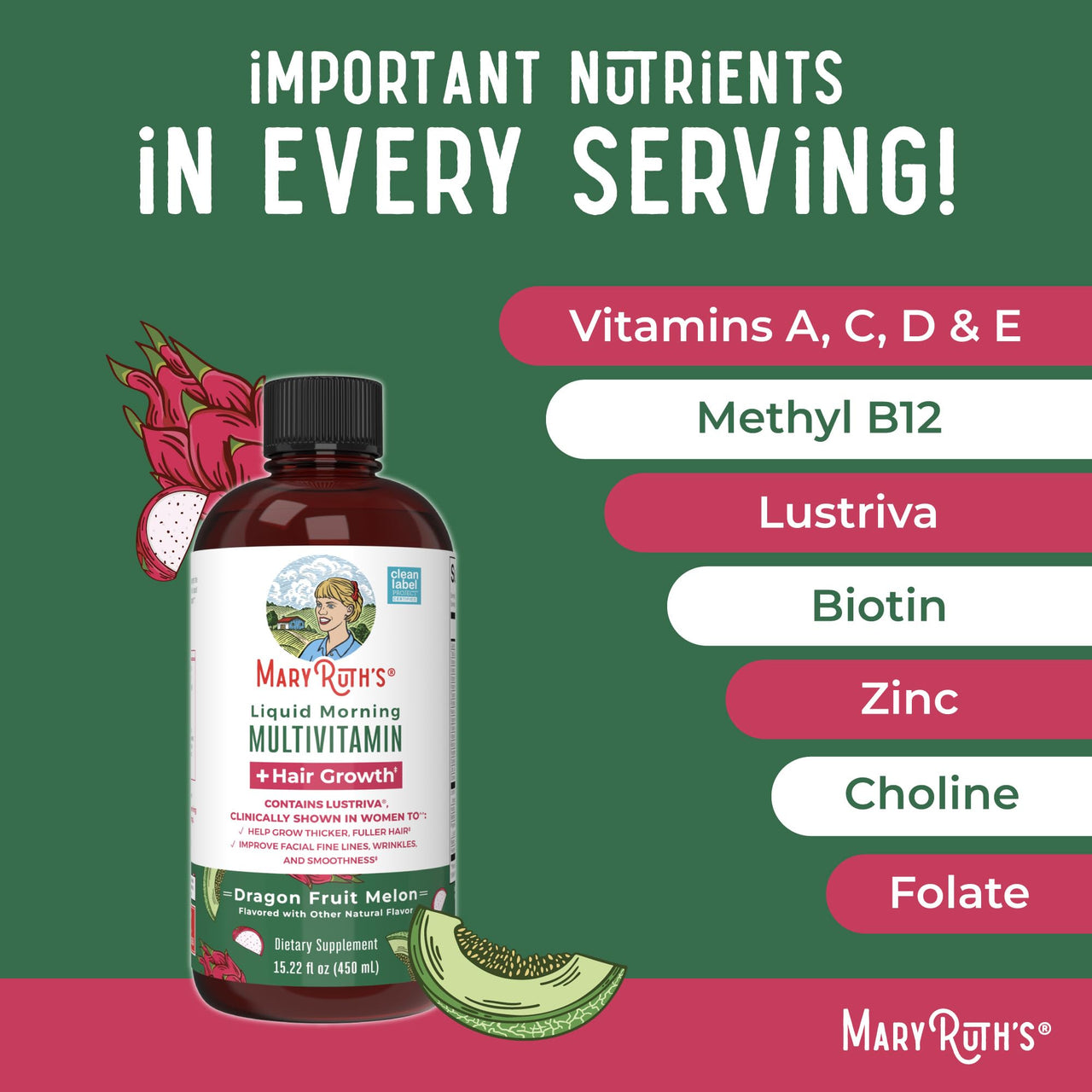 MaryRuth's Liquid Multivitamin + Hair Growth | Biotin 10000mcg | Lustriva Hair Growth Supplement | Clinically Tested in Women for Thicker Hair & Facial Wrinkle | Skin Care | Ages 18+ | 15.22 Fl Oz