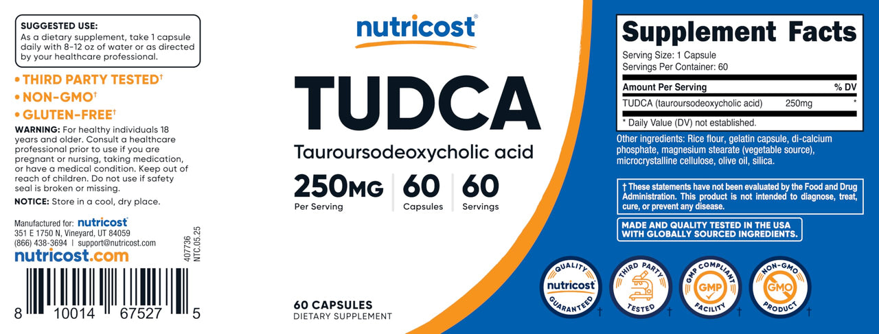 Nutricost Tudca 250mg, 60 Capsules (Tauroursodeoxycholic Acid) - Premium Quality