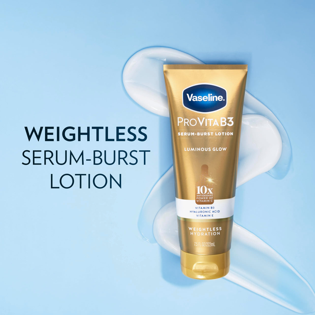 Vaseline Pro VitaB3 Serum Burst Lotion Luminous Glow Healthy, Glowing Skin, Lightweight 10x Antioxidant Power of Vitamin C with Vitamin B3, Hyaluronic Acid & Vitamin E, 7.5 Fl Oz