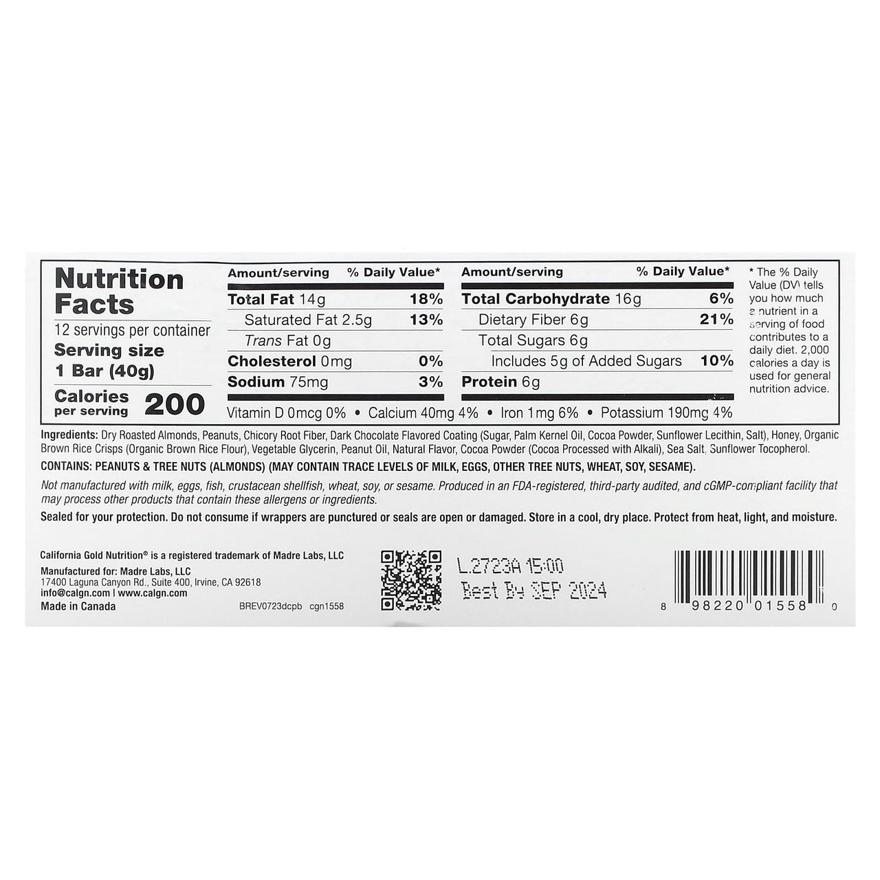 California Gold Nutrition Foods, Double Chocolate Peanut Butter Flavor Bars, 12 Bars, 1.4 oz (40 g) Each