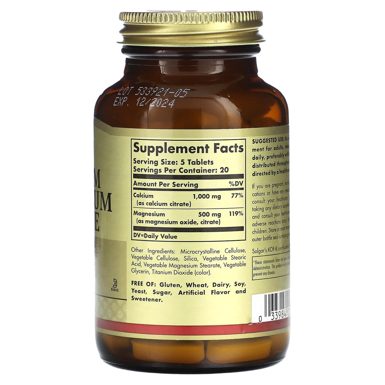 Solgar Calcium Magnesium Citrate - 100 Tablets, Pack of 2 - Non-GMO, Vegan, Gluten Free, Kosher - 40 Total Servings