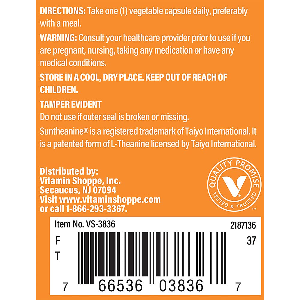 The Vitamin Shoppe L-Theanine 200 MG - Calm Focus, Stress Support & Relaxation, Amino Acid from Green Tea (120 Vegetable Capsules)
