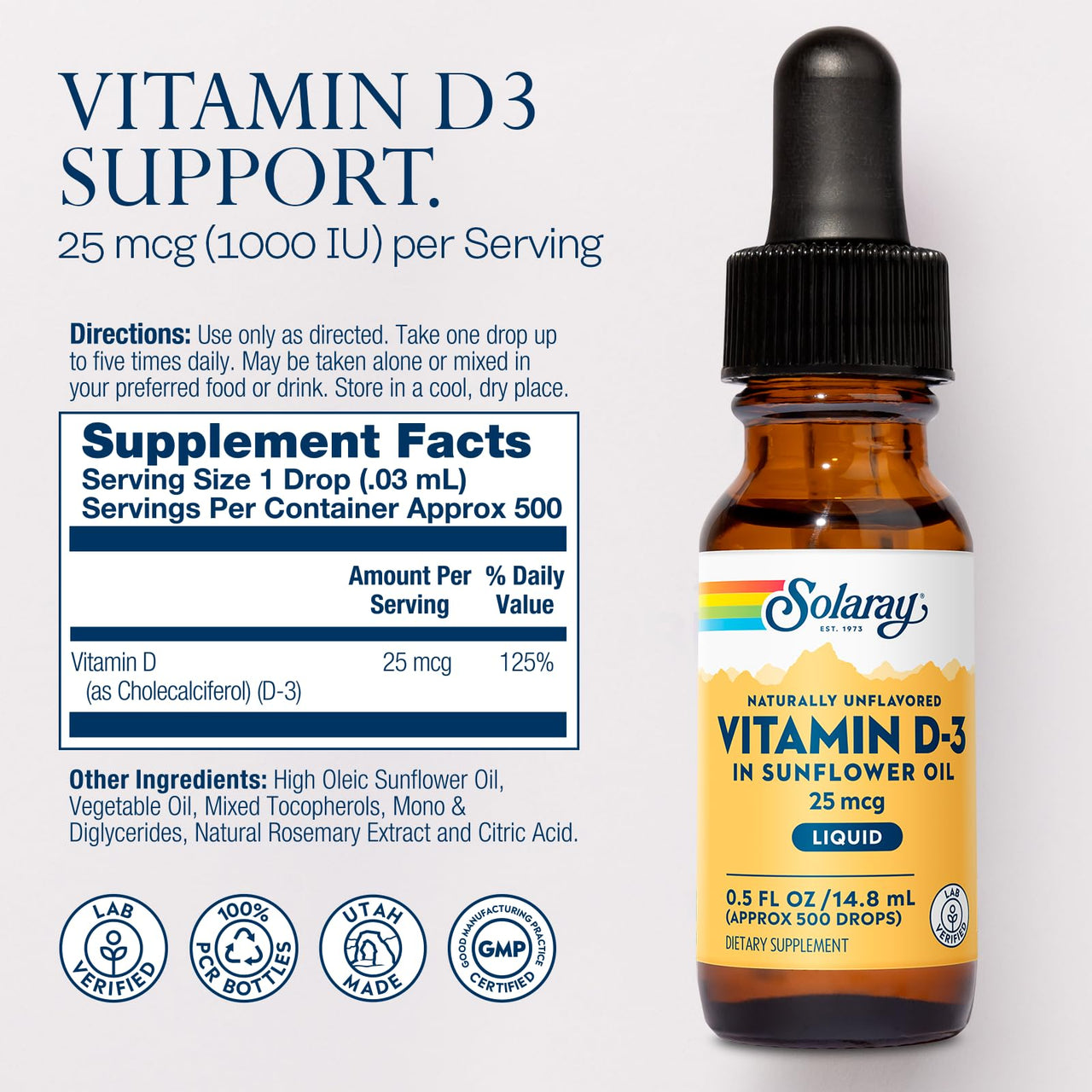 SOLARAY Vitamin D3 Liquid Drops 25 mcg (1000 IU) - Enhanced Absorption Vitamin D Drops in Sunflower Oil for VIT D3 Support - Naturally Unflavored, Dropper Included - Approx. 500 Servings, 0.5oz
