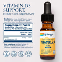 Thumbnail for SOLARAY Vitamin D3 Liquid Drops 25 mcg (1000 IU) - Enhanced Absorption Vitamin D Drops in Sunflower Oil for VIT D3 Support - Naturally Unflavored, Dropper Included - Approx. 500 Servings, 0.5oz
