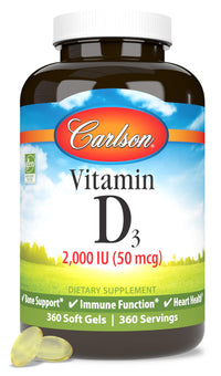 Thumbnail for Carlson - Vitamin D3, 2000 IU (50 mcg), Bone & Immune Health, Vitamin D Supplements, Cholecalciferol Supplement, Gluten Free Vitamin D Capsules, 360 Softgels