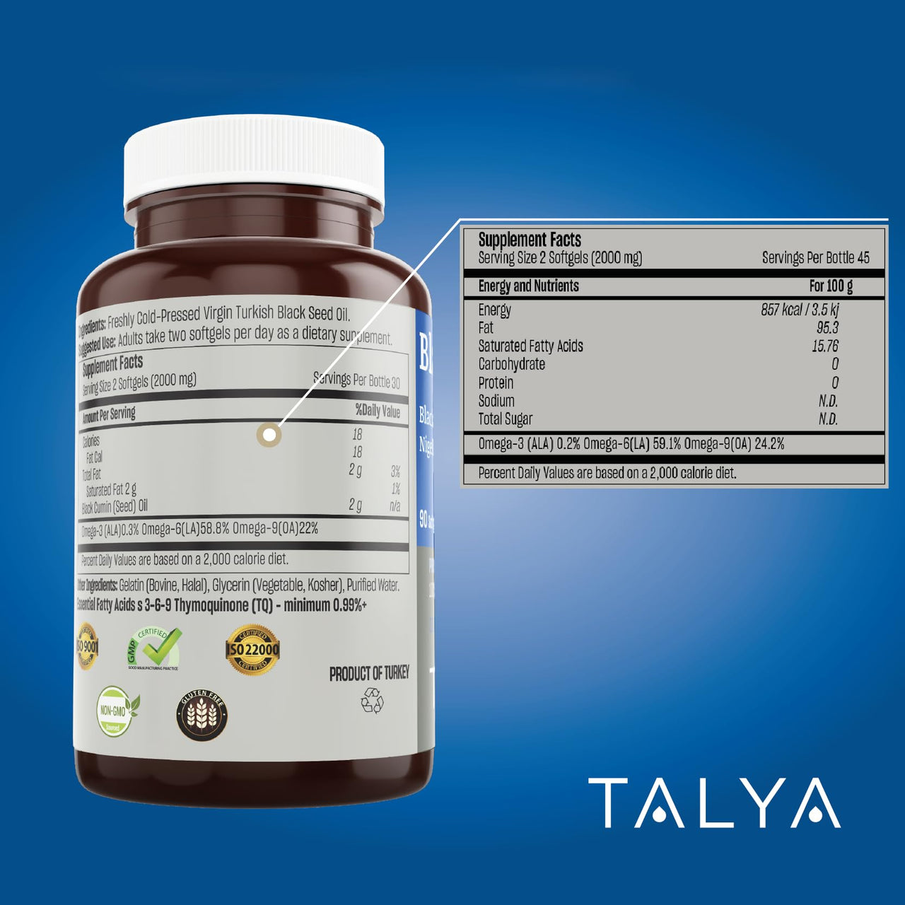 TALYA Black Seed Oil Softgel with High Thymoquinone - Immune Support - Digestive Health - Brain Function - Joint Mobility - Cold-Pressed - Non-GMO - Turkish Black Cumin Seed 90 Capsule